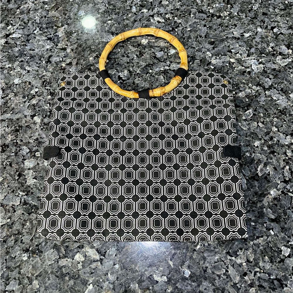 Old Navy Black and White Clutch with Geometric Pattern and Bamboo Handle